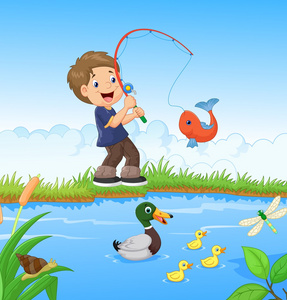 小男孩卡通釣魚