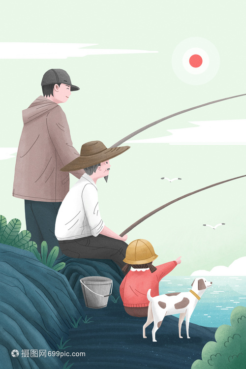 陪伴老人海邊釣魚豎版插畫