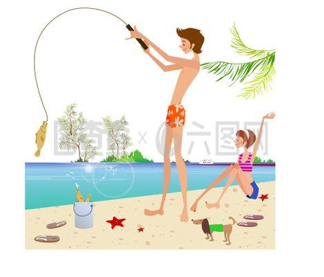 卡通女海邊釣魚