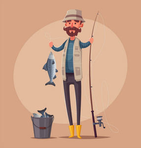 釣魚竿漁夫。卡通矢量插畫